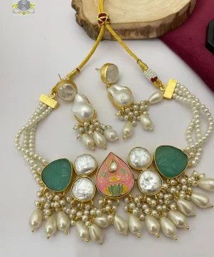 Semi-Precious Pearl Choker with Monalisa Stones - Peach