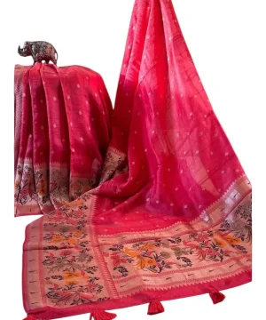 Coral Pink Paithani Tussar Silk Saree