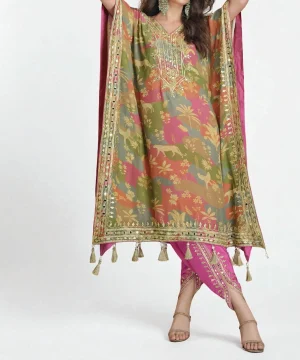 Printed Kaftan with Mirror Work Detailing