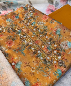 Golden Mustard Floral Embroidered Organza