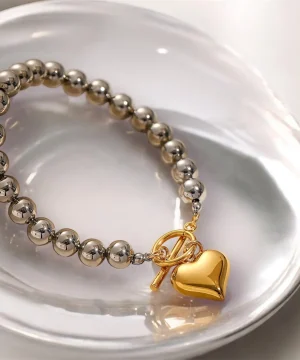 Golden Heart Charm Beaded Bracelet