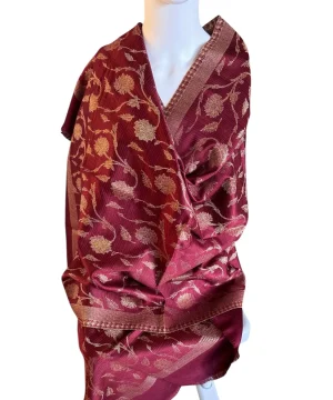 Handwoven Banarasi Pashmina Shawl Maroon with Golden Floral Zari
