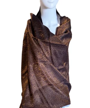 Handwoven Pure Pashmina Shawl Deep Charcoal with Golden Jaal