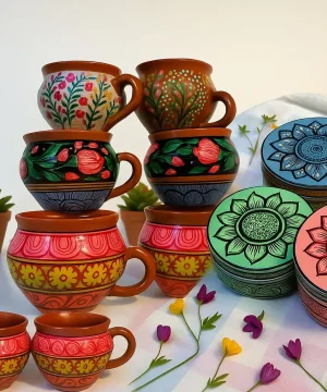 Pattachitra Handcrafted Gift Set ? 6 Clay Cups + 3 Steel Boxes