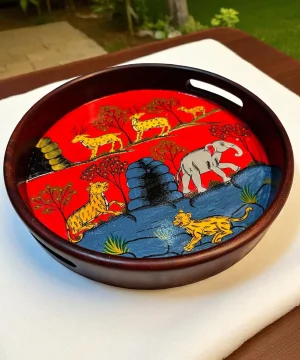 Handcrafted Rosewood Pattachitra Tray - Wildlife