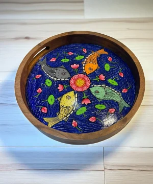 Handcrafted Wooden Pattachitra Tray - Lotus & Fish Motif