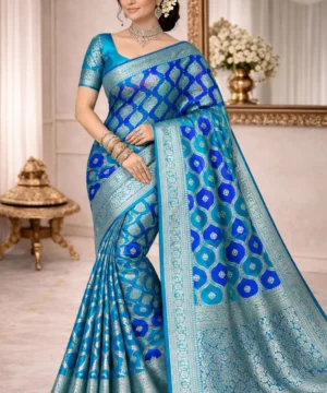 Rangkat Pure Banarasi Silk Saree in Cobalt Blue & Turquoise