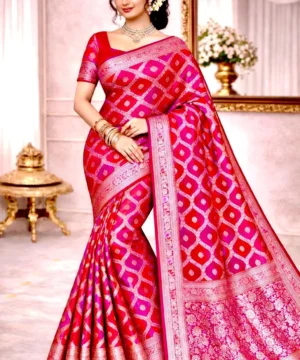 Rangkat Pure Banarasi Silk Saree - Red & Fuchsia Pink Radiance