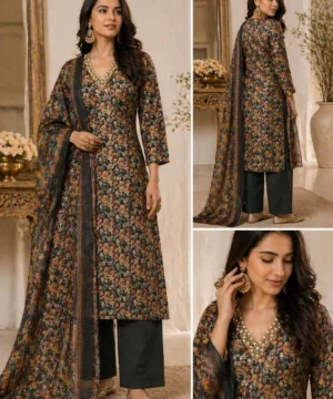 Printed Kurta Set with Dupatta (Black Multi Floral)