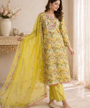 Floral Printed Kurta Set with Dupatta (Yellow)