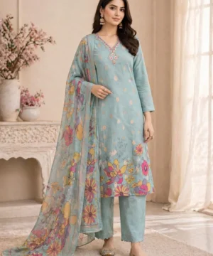 Floral Printed Kurta Set with Dupatta (Pastel Blue)