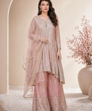 Embroidered Kurta Set with Sharara & Dupatta (Blush Pink)