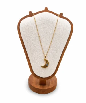 Celestial Crescent Moon Pendant Necklace – Gold Filigree with Onyx Detail