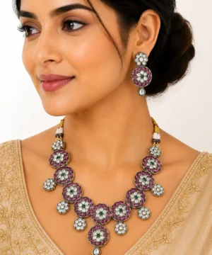 Ruby Floral Stone Necklace Set with Earrings – Traditional Festive Jewellery