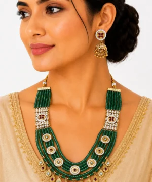 Emerald Beaded Heritage Necklace Set with Jhumka Earrings