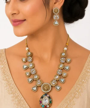 Royal Lion Motif Statement Necklace Set with Earrings