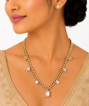 Celestial Charm Gold Chain Necklace Set with Crystal Pendant