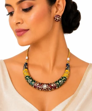 Meenakari Enamel Statement Necklace Set with Kundan Earrings