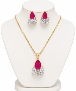 Ruby Pink Teardrop Pendant Necklace Set