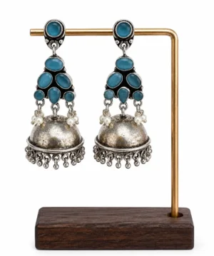 Oxidised Silver Blue Stone Jhumka Earrings