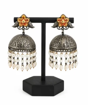 Oxidised Silver Pearl Dome Jhumka Earrings
