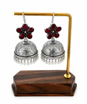Red Floral Oxidised Silver Jhumka Earrings