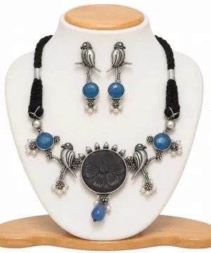 Oxidised Blue Bird Statement Necklace Set