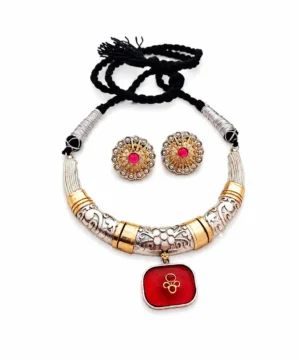 Antique Dual-Tone Red Pendant Necklace Set